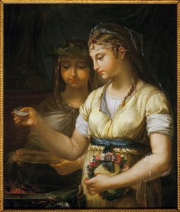 Due vestali che preparano un sacrificio. Dipinto di Antoine Francois (Antoine-Francois) Callet (1741-1823), olio su tela da Antoine François Callet