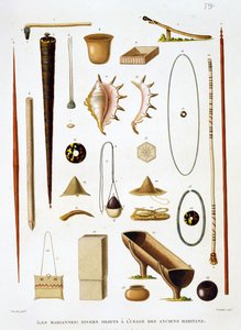 Utensili domestici e armi delle Isole Marianne, da Voyage autour du Monde (1817-20), di Louis Claude Desaulses de Freycinet, inciso da Jean Louis Denis Coutant da Antoine Germain Bevalet