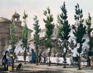 Friggitori di cibo al Pantheon durante la festa di San Giuseppe, incisione di Antoine Jean-Baptiste Thomas da Un an a Rome et dans ses environs, Francia da Antoine Jean Baptiste Thomas