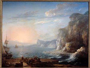 Tramonto. Un paesaggio di scogliere e rocce sul mare, con pescatori in primo piano da Antoine Lebel