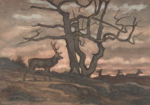Cervo e albero contro il tramonto, 1810-75 da Antoine Louis Barye