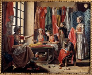 Un laboratorio di cucito ad Arles nel 1760 da Antoine Raspal