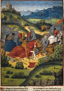 Lancillotto in battaglia - VERARD, Antoine (XV secolo). Editore e libraio inglese.; LANCELOT (VI sec.). Cavaliere della corte di Re Artù. Lancillotto in battaglia. Illustrazione di 