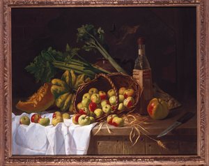Natura morta con una bottiglia di vino, rabarbaro e un cesto di mele rovesciato su un tavolo da Antoine Vollon