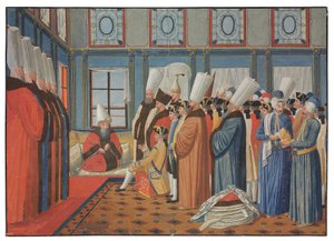 La presentazione del Conte de Vergennes, ambasciatore di Luigi XV, a Reis Effendi, Gran Visir del Sultano Ottomano Uthman III il 31 maggio 1755 da Antoine de Favray