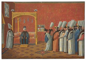 La presentazione del conte de Vergennes, ambasciatore di Luigi XV, al sultano Uthman III nella Sala del Trono del Palazzo Topkapi il 3 giugno 1755