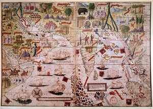 Atlante nautico delle Indie portoghesi. Pagina del manoscritto Atlas Miller realizzato nel 1519 da Pierre e Georges Reinel, Lopo Homem (cartografi) e Antoine de Hollande (miniaturista). XVI secolo. Parigi, B N da Antoine de Hollande