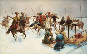 Paesaggio invernale con cosacchi (distribuzione della posta) da Anton Baumgartner Stoiloff