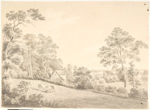Paesaggio con casa e mucche sull