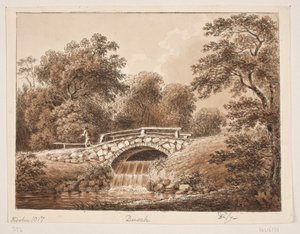 Paesaggio boschivo con ponte su un ruscello da Anton Carl Dusch