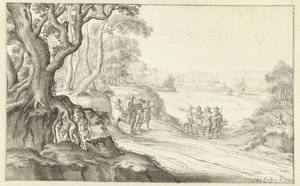 Cacciatori in un paesaggio collinare