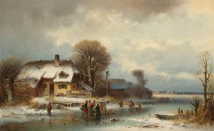 Paesaggio invernale con pattinatori sul ghiaccio