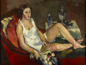 Giovane donna su un divano rosso da Anton Faistauer