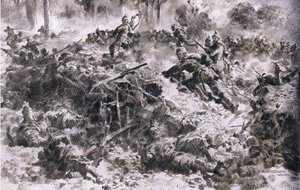 I granatieri del re del Württemberg sfondano le postazioni nemiche nelle Argonne, da La storia illustrata della guerra mondiale 1914-1915 pub. da Union Berlagsefellfchaft
