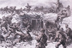 La sconfitta del Corpo dei Granatieri di Mosca da parte delle truppe slesiane, prussiane e imperiali tedesche, da La storia illustrata della guerra mondiale 1914-1915 pub. da Union Berlagsefellfchaft