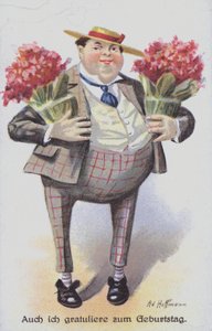 Biglietto di auguri di compleanno raffigurante un uomo che porta mazzi di fiori da Anton Hoffmann