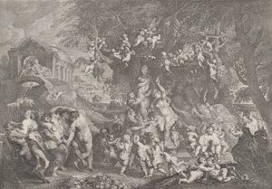 La festa di Venere, con gruppi di satiri, ninfe e putti che danzano intorno a una statua di Venere, 1732 da Anton Joseph von Prenner