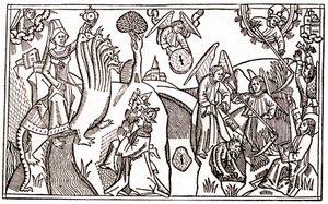 La grande prostituta di Babilonia cavalca la bestia a sette teste e gli angeli mietono il grano mentre tengono prigioniero il diavolo
