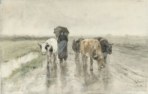 Una pastorella con mucche su una strada di campagna sotto la pioggia da Anton Mauve