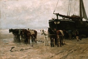Olandese: Bomschuit con cavalli da traino sulla spiaggia di Scheveningen Barca da pesca con cavalli da traino sulla spiaggia di Scheveningen da Anton Mauve