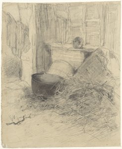 Interno di un fienile con paglia e vari oggetti da Anton Mauve