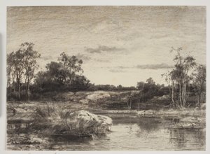 Paesaggio con un fiume o un lago in primo piano da Anton Melbye