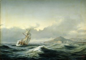 Paesaggio marino con veliero in un mare agitato. Sullo sfondo una costa rocciosa
