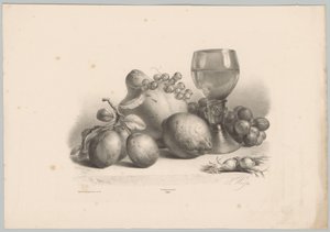 Natura morta con bicchiere, prugne, limone, uva e nocciole da Anton Weiss