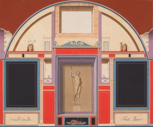 Affresco di una casa romana nel terreno della Villa Negroni a Roma, statua di Adone