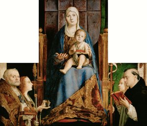 Tedesco: Maria con il Bambino e San Nicola di Bari, Anastasia (), Orsola, Domenico e (sovrapposta dalla cornice) Elena Pala San Cassiano da Antonello da Messina