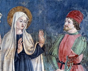 Vita di Santa Francesca Romana: Al suo ritorno da San Giovanni in Laterano, la santa guarisce un uomo con un braccio tagliato (dettaglio) da Antoniazzo Romano