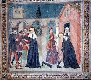 Vita di Santa Francesca Romana: La santa guarisce un uomo ferito (affresco) da Antoniazzo Romano