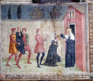 Vita di Santa Francesca Romana: La santa incontra una donna paralizzata chiamata Jacobella e promette di guarirla da Antoniazzo Romano