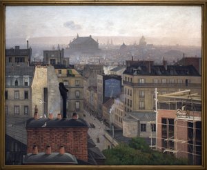 Parigi vista da Montmartre. Sul muro di uno degli edifici, una pubblicità per "Le Petit Journal". Dipinto di Antonin Chittussi da Antonin Chittussi