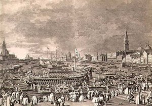 Lo sbarco del Doge sul Bucintoro per il matrimonio con il mare, inciso da Giovanni Battista Brustolon da Antonio (after) Canaletto