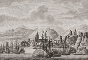 Flotta olandese al largo di Malaga, Spagna 1784 che spara un saluto. (stampa)