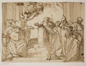 Quattro dogi e un uomo con un mantello con il cappello del doge in mano, con l
