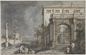 Capriccio: Un palazzo con un cortile vicino alla laguna da Antonio Canaletto