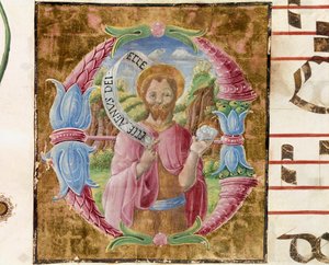 San Giovanni Battista. Lettrine illuminate da Antonio Cicognari. Dettaglio di un antifonario. 1483. Cremona, corale 4, capitolo del duomo da Antonio Cicognara