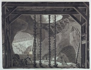 Scenografia, uomini che costruiscono un edificio in una grotta da Antonio Giuseppe Basoli