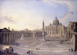 Veduta di San Pietro, Roma con il colonnato di Bernini e una processione in carrozze da Antonio Joli