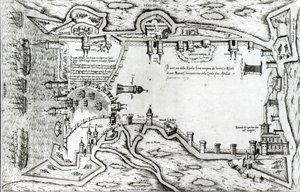 Mappa che illustra La Rochelle occupata dagli Ugonotti