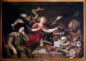 Un angelo mostra il sogno di un cavaliere dormiente, fatto di vanità e orgoglio, gioco, denaro, gioielli