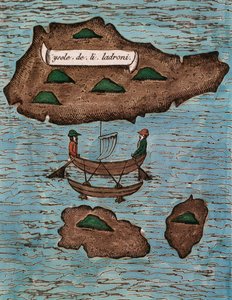 Islas de los Ladrones (oggi Isole Marianne), xilografia colorata da Relazione del primo viaggio intorno al mondo con Ferdinando Magellano da Antonio Pigafetta