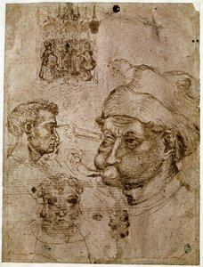 Quattro teste di uomini, due delle quali con tre facce. Un altare. Un cavallo. Disegni dalla bottega di Antonio di Puccio Pisano detto Pisanello da Antonio Pisanello