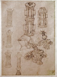 Tre elmi sormontati da creste e due pezzi di cannoni smontati da Antonio Pisanello