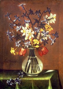 Natura morta di fiori tra cui giacinto, tulipani e occhio di fagiano