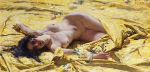 Nudo su lenzuola gialle da Antonio Rizzi