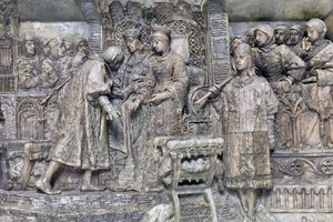 Colombo e i Re Cattolici, dettaglio della Presentazione di Colombo ai Re Cattolici nel Salone del Tinell a Barcellona (bronzo) da Antonio Susillo Fernandez
