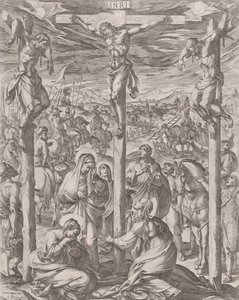 Cristo crocifisso tra i due ladroni, le tre Marie ai piedi della croce